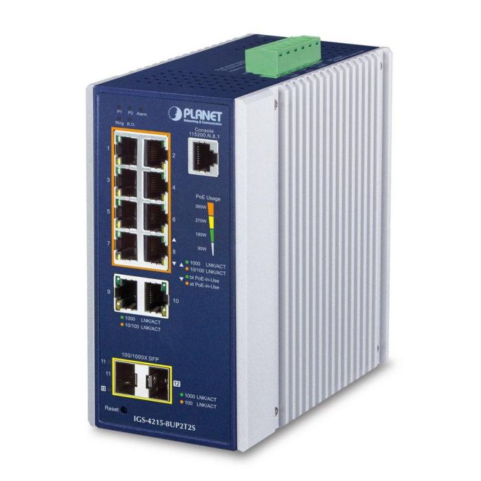 Planet Switch Industrial Gestionable L2/L4 8 Puertos PoE++ 802.3bt Gigabit + 2 SFP -40~75°C IP30 250m Extend Mode