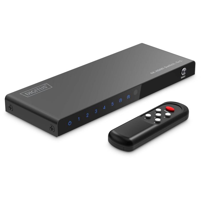 Digitus Conmutador HDMI 5x1 4K/60Hz HDCP 2.3, Soporte HDR, Metal Negro, 18 Gbit/s con Mando a Distancia