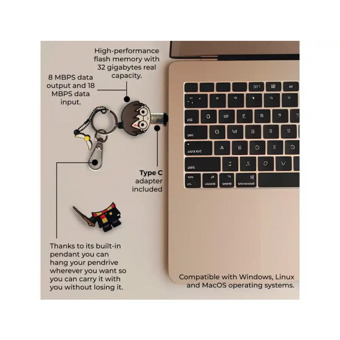 Wondee Memoria USB Llavero Harry Potter 32GB con Adaptador USB C 6