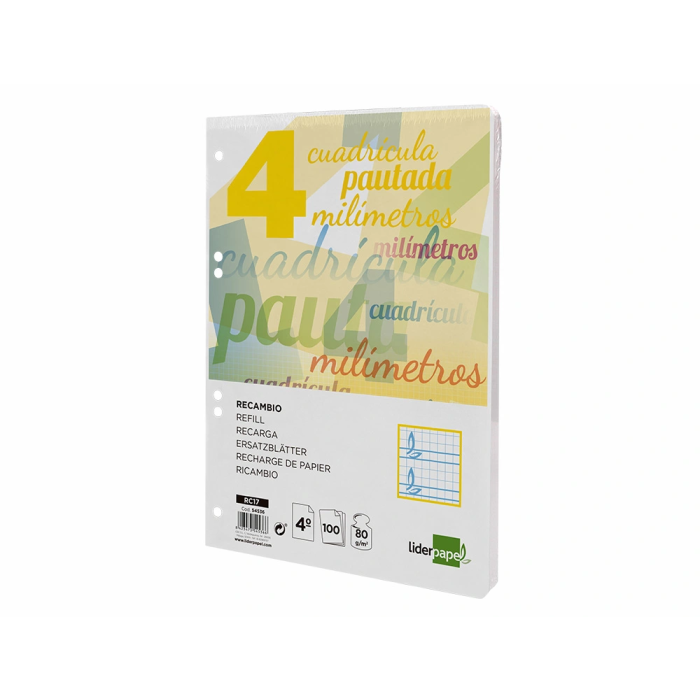 Liderpapel Recambio A5 Pautaguía 100 Hojas 75gr Cuadriculado Pautado 4mm con Margen 6 Taladros 2