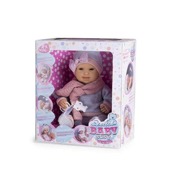 Muñeco baby susu interactivo con pijama gris y mecanismo. llora, rie y succiona el chupete 38 cm