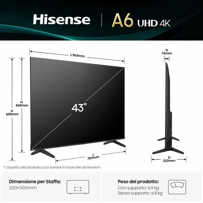 Hisense 43A6Q Televisor 109,2 cm (43") 4K Ultra HD Smart TV Wifi Negro 300 cd / m² 14