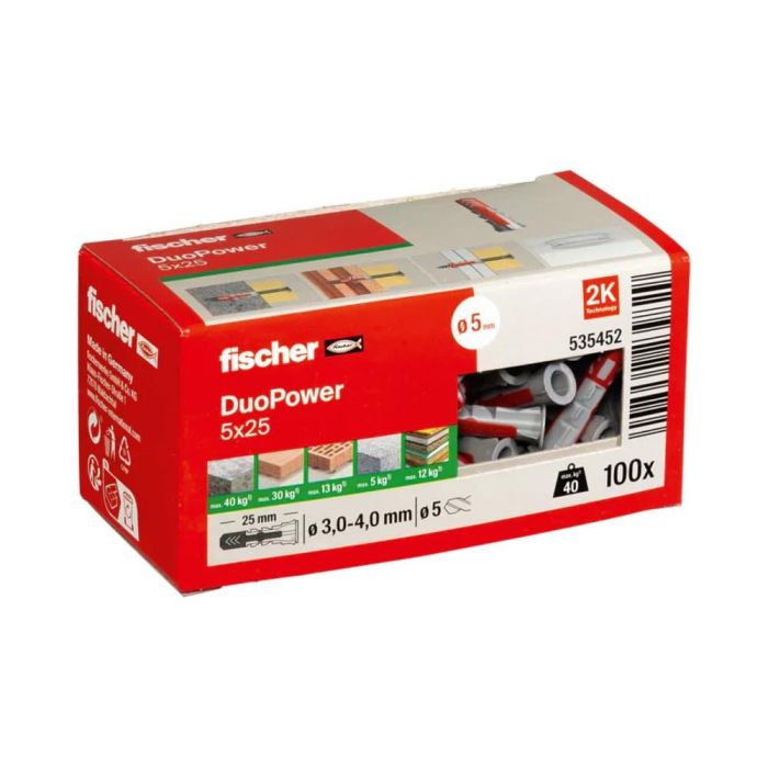 Fischer Taco Nylon Duopower 5-25 Universal 3 en 1 para Ladrillo Hormigón Pladur, 80kg Carga, Antigiro, con Reborde, 100 Unidades
