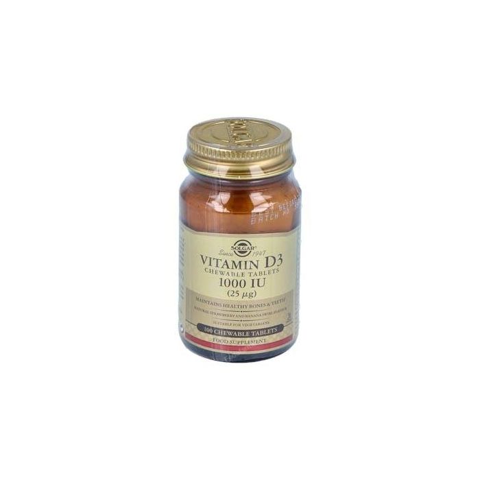 Solgar Vitamina D3 1000 IU (25 µg) Comprimidos Masticables 100 Unidades - Huesos, Dientes, Sistema Inmunitario - Sabor Fresa Plátano
