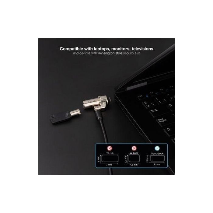 TOOQ Cable de Seguridad Tipo NANO con Llave para Portatiles 1.5 metros, Gris Oscuro 3 TOOQ Cable de Seguridad Tipo NANO con Llave para Portatiles 1.5 metros, Gris Oscuro 3