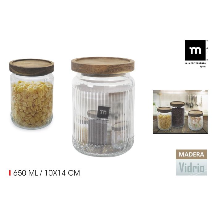 Tarro de vidrio con tapa de madera 650 ml relieve - Anna (12 Unidades) Tarro de vidrio con tapa de madera 650 ml relieve - Anna (12 Unidades)