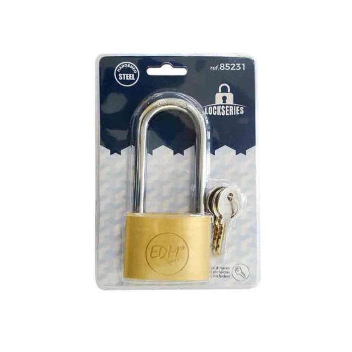 Edm Candado de latón arco largo dorado/cromado 60x20x46 mm con 3 llaves 1 Edm Candado de latón arco largo dorado/cromado 60x20x46 mm con 3 llaves 1