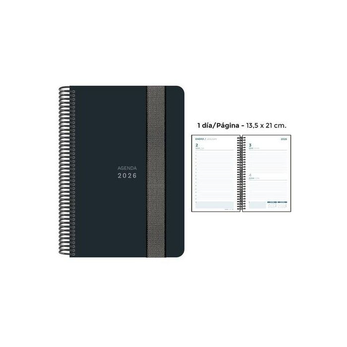 Agenda Anual (2026) Senfort Unicolor Espiral Tapa Pp Con Goma 135X210 D/P Negro