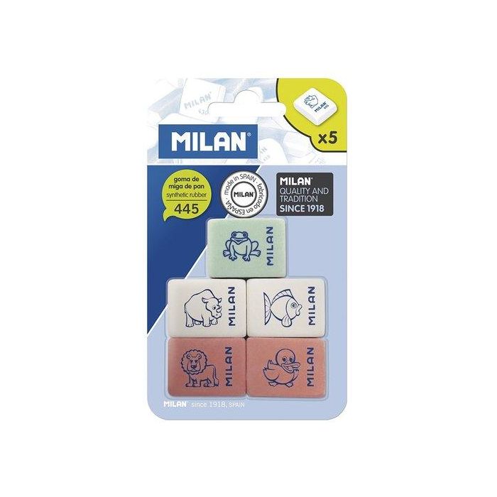 Milan Goma de borrar 445 Blister de 5 unidades para Lápiz, Suave tipo 'miga de pan'