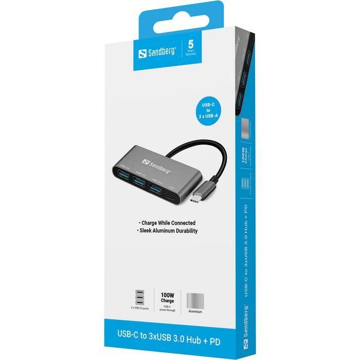 Sandberg Hub USB-C con 3 Puertos USB 3.0 y Power Delivery (PD) para MacBook y Portátiles USB-C, Diseño de Aluminio 1 Sandberg Hub USB-C con 3 Puertos USB 3.0 y Power Delivery (PD) para MacBook y Portátiles USB-C, Diseño de Aluminio 1