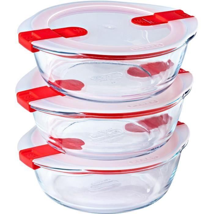 Pyrex PYR3426470284547 Juego de 3 Fiambreras Cook & Heat Vidrio Redondas con Válvulas de Vapor Aptas Microondas 1.1 L