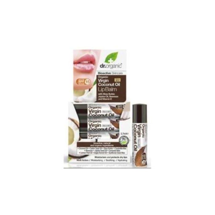 DR. ORGANIC Bálsamo Labial con Aceite Coco Orgánico, Manteca Karité, Jojoba, Cera Abejas y Vitamina E 5,7ml. Hidrata y protege labios secos.
