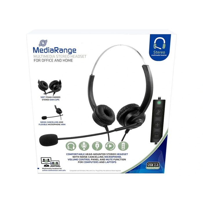 Mediarange Auricular Biaural Diadema con Micrófono, USB, Cable 2m 4