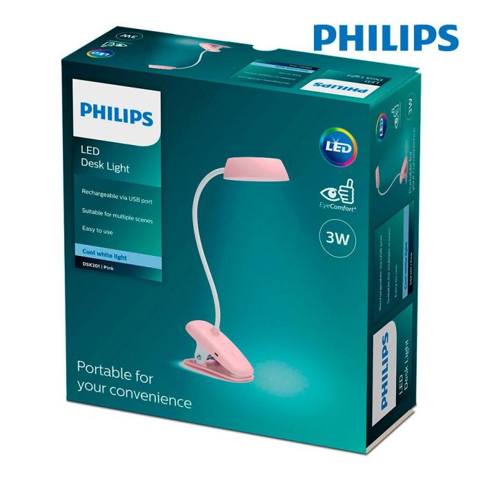 Philips Flexo pinza led 3w 4.000k rosa, 175 lm, tecla táctil atenuación 3 niveles, batería litio 1200 mah, cable usb 1 Philips Flexo pinza led 3w 4.000k rosa, 175 lm, tecla táctil atenuación 3 niveles, batería litio 1200 mah, cable usb 1