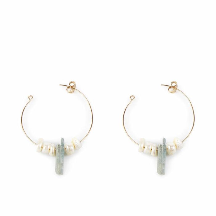 Shabama Pendientes de Aro Elegantes LAO GREEN 4CM de Diámetro Oro Brillo con Perlas de Río y Piedras Azules de 1.5cm para Mujer