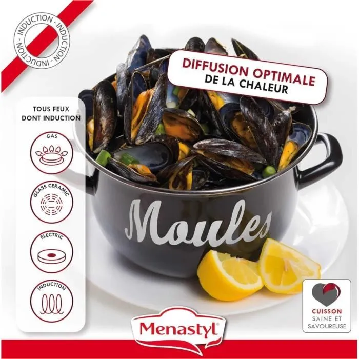 Menastyl 3645563 Olla para Mejillones, Acero Esmaltado Negro 18 cm, Con Inscripción, Todo Tipo de Fuegos Incluida Inducción 2