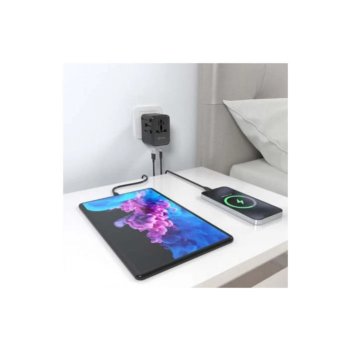 AISENS - ADAPTADOR ENCHUFE UNIVERSAL PARA VIAJE EU/USA/UK/AU CON CARGADOR USB GaN, 2xUSB-A QC3.0, 2xUSB-C PD3.0 25W, NEGRO 4