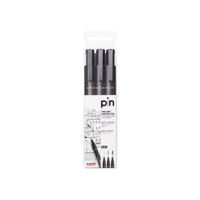 Uniball Rotulador Calibrado Pin-200S, Estuche 3 Unidades (0.2, 0.4, 0.8 mm), Negro. Tinta pigmentada resistente al agua/luz