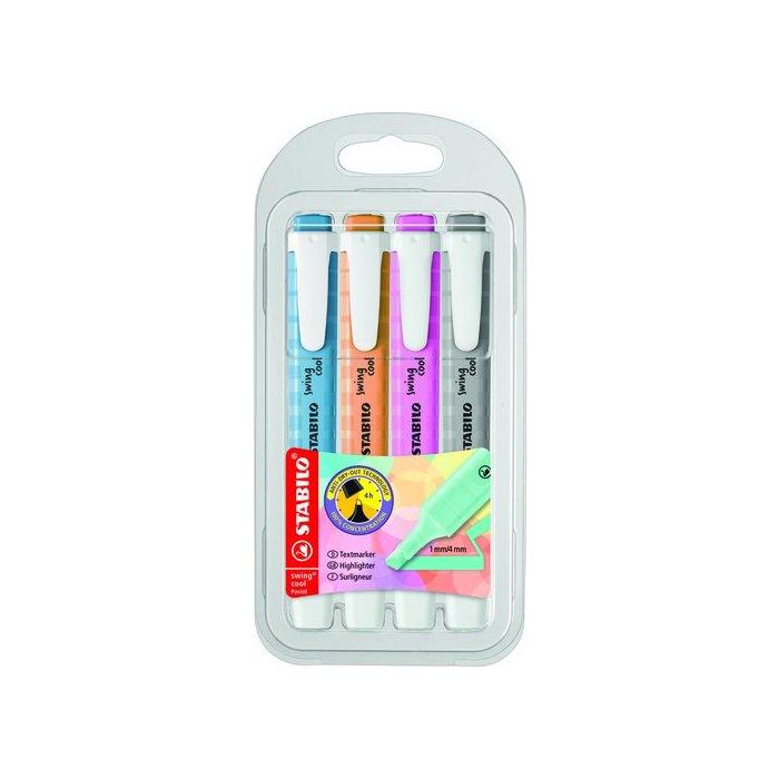 Stabilo Rotulador Fluorescente Fino Swing Cool Pastel Estuche 4 Unidades Surtidos Tecnología Anti-Secado Trazo 2-5mm