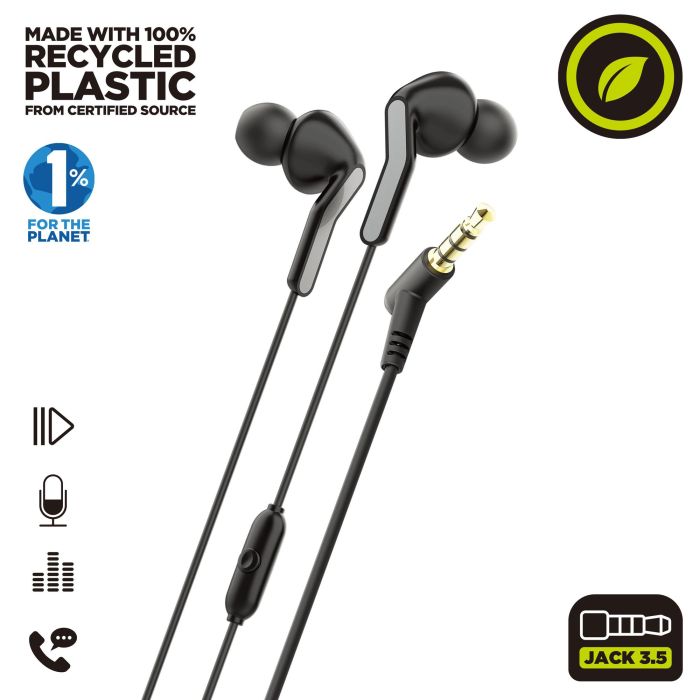 Muvit Auriculares E57 Negro con Micrófono, Almohadillas Ergonómicas y Certificación Ecológica