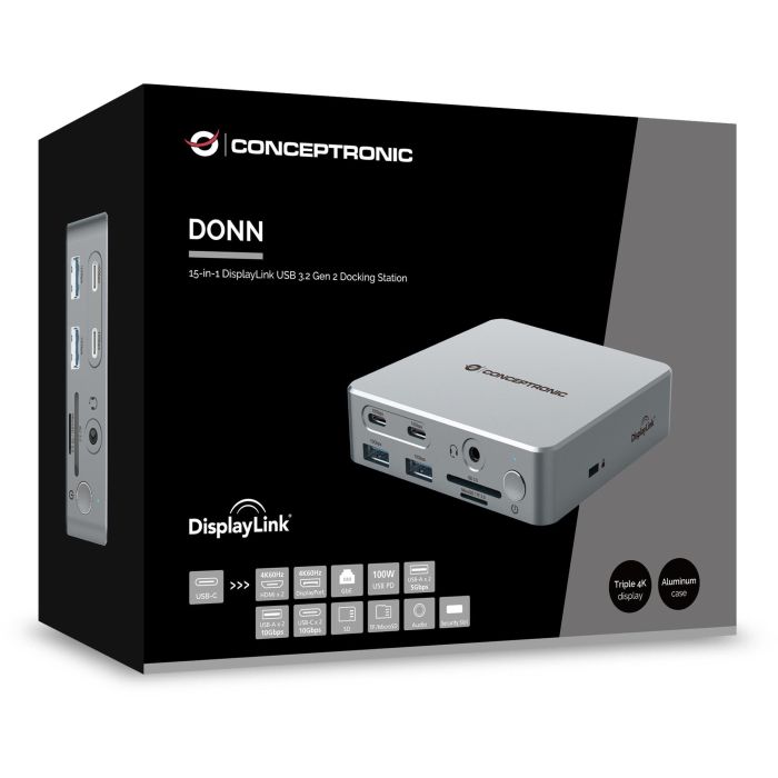 Conceptronic DONN25G Docking Station 15 En 1 Plata USB 3.2 Gen 2 Type-C HDMI Ethernet 6
