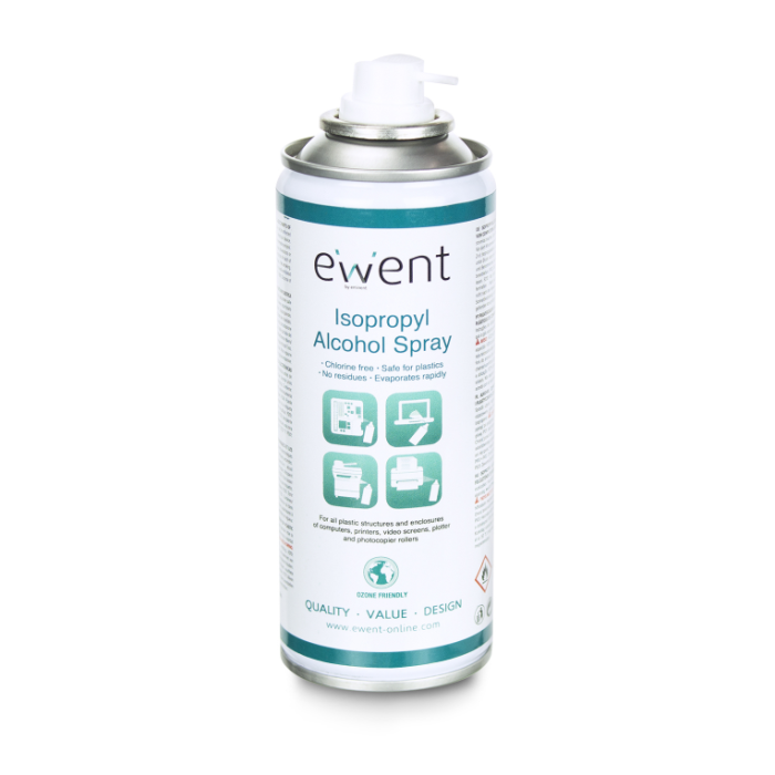 Ewent EW5613 Kit de Limpieza para Equipos Informáticos y de Impresión, Espray Limpiador de 200 ml, Color Blanco para Computadoras e Impresoras