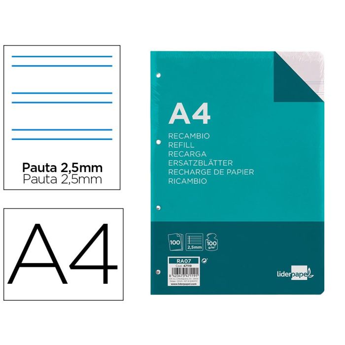 Recambio Liderpapel A4 100 Hojas 100 gr-M2 Pauta 5ª 2.5 mm Con Margen 4 Taladros