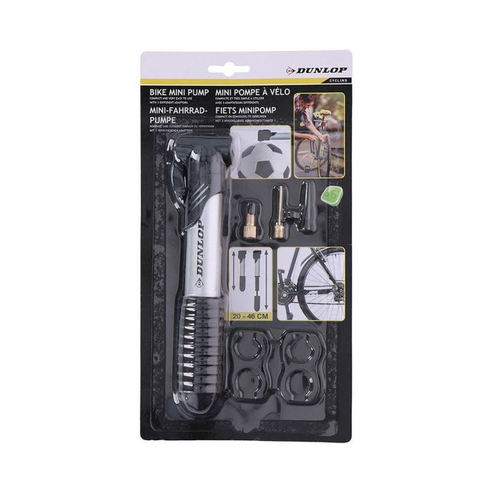 Dunlop Mini Bomba de Aire para Bicicleta con Soporte, Aluminio, 40x40x200mm, 3 Válvulas Incluidas 1