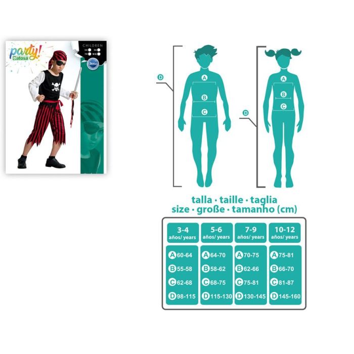 Disfraz Pirata Rojo Negro Infantil Niño 3-4 Años Gorro Camiseta Cordón Pantalón Polyester Temática Piratas Bucaneros Bandidos 3