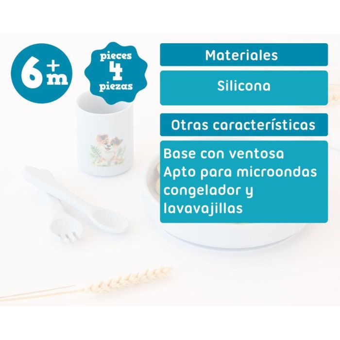KioKids Vajilla de Silicona con Ventosa para Bebé Lovely Friends, Plato, Vaso y Cubiertos, Kit BLW, Azul, +6 Meses, 100% Grado Alimenticio, Lavavajillas, Microondas