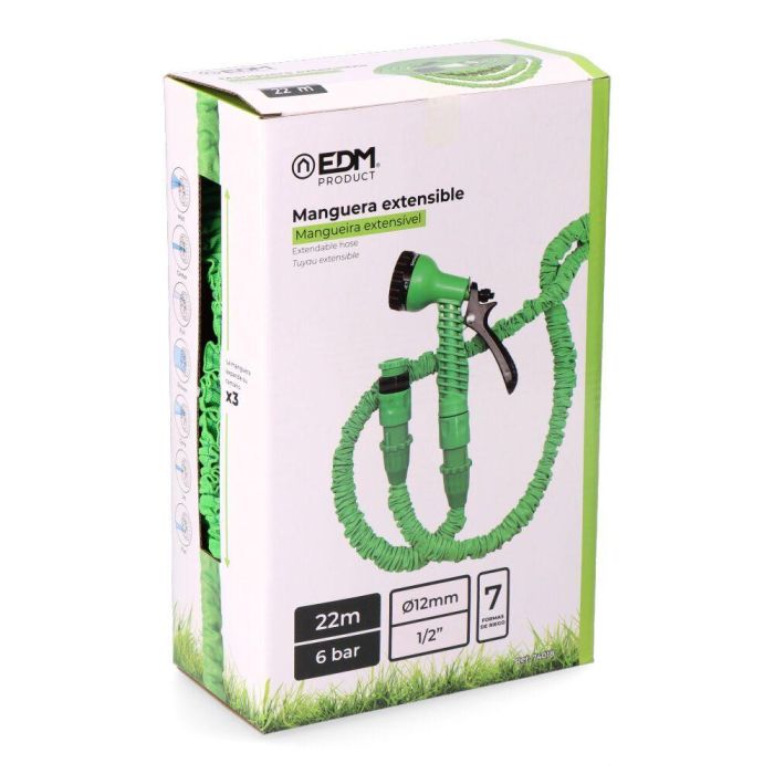 Edm Manguera Extensible ø12 mm ½ pulg 22 m con Pistola Riego 7 Chorros y Adaptador Grifo