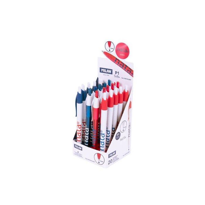 Milan Bolígrafo P1 Nata® 624 Tinta Azul, Punta 1 mm, Diseño Original, Caja Expositora 20 Ud