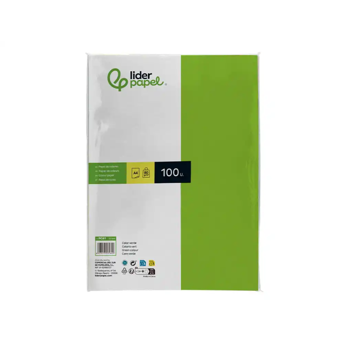 Liderpapel Papel Color Verde Intenso A4 80gr Paquete de 100 Hojas 1