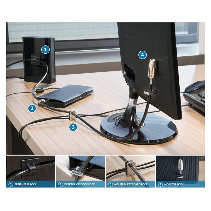 Kensington Kit de Candado para Ordenador de Sobremesa y Periféricos 2.0, Cable de 2,44 m, Negro/Plata