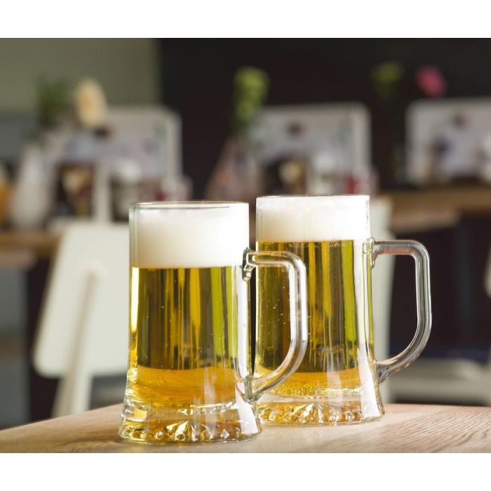 La Mediterranea Jarra Cerveza 600 ml. Dimensiones: 9,3 cm (ancho) x 15,3 cm (alto) x 8,2 cm (largo). (24 Unidades)