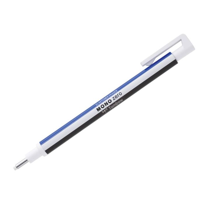 Portagomas Tombow Mono Zero Con Clip Goma Redonda 2,3 mm Diametro Color Azul Blanco Y Negro 1