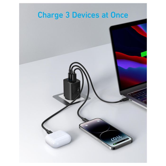 Anker 336 Charger 67W, 1 x USB-A, 2 x USB-C, Negro, Cargador Rápido GaN, Power Delivery 2