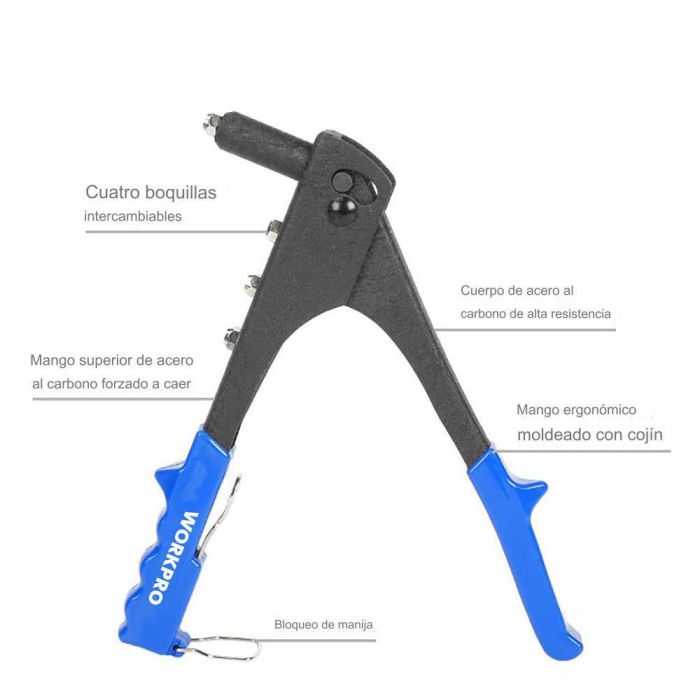 Workpro Remachadora de mano 250mm, acero, mordazas cromo molibdeno, expulsión automática, azul 8 Workpro Remachadora de mano 250mm, acero, mordazas cromo molibdeno, expulsión automática, azul 8