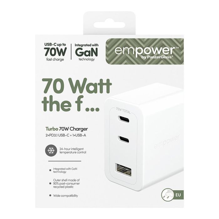 PanzerGlass Cargador Turbo GaN 70W, 2 Puertos USB-C + 1 USB-A, Carga Rápida Multi-Dispositivo, Blanco, Enchufe UE 3 PanzerGlass Cargador Turbo GaN 70W, 2 Puertos USB-C + 1 USB-A, Carga Rápida Multi-Dispositivo, Blanco, Enchufe UE 3