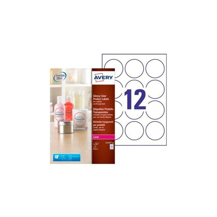 Avery Etiquetas Adhesivas Circulares Ø60 mm Láser 12 X 10H Transparente Brillante Avery Etiquetas Adhesivas Circulares Ø60 mm Láser 12 X 10H Transparente Brillante