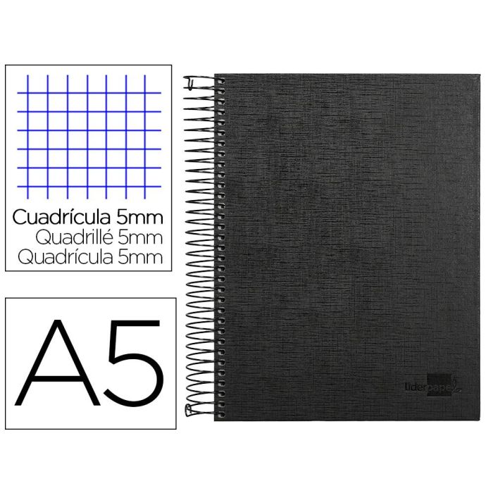 Cuaderno Espiral Liderpapel A5 Micro Papercoat Tapa Forrada 140H 75 gr Cuadro5 mm 5 Bandas 6 Taladros Negro