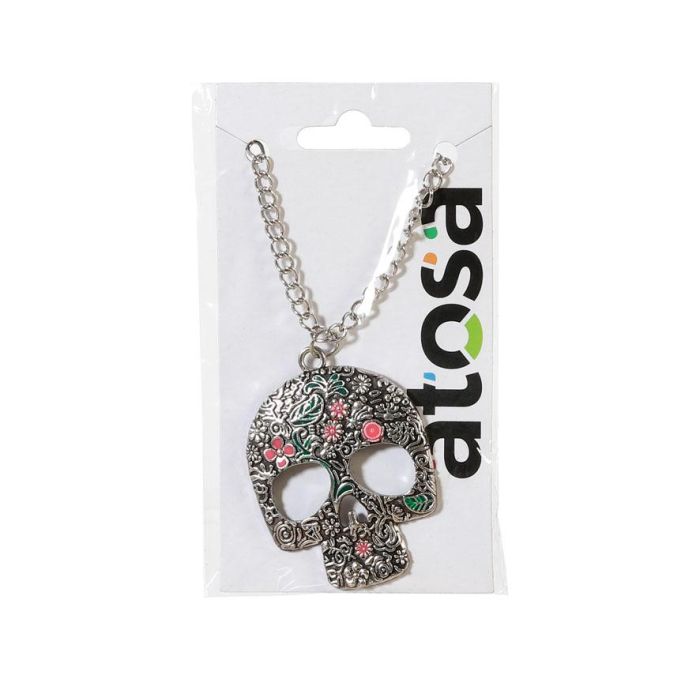 Collar de Calavera Plateada con Piedras Rojas para Día de Muertos / Halloween, Ideal para Disfraz de Catrina 1 Collar de Calavera Plateada con Piedras Rojas para Día de Muertos / Halloween, Ideal para Disfraz de Catrina 1