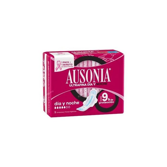 Ausonia Compresas Noche Ultra con Alas para Protección Total durante la Noche. Extra Largas, Absorción Superior y Sistema No Olor. 9 unidades.