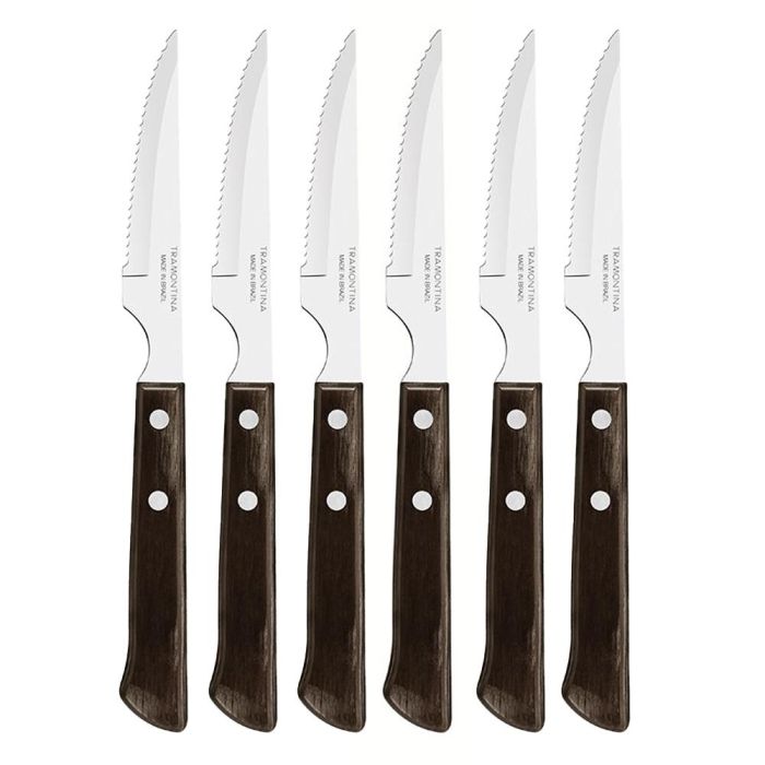 Tramontina Juego de 6 cuchillos para asado 10,16cm acero inoxidable mangos polywood castaño