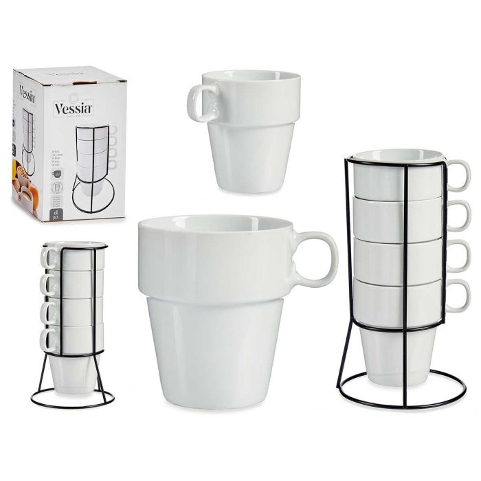 Vessia Set de 4 Tazas Apilables Blanco con Estante 350 ml, 11x22x12 cm (12 Unidades)