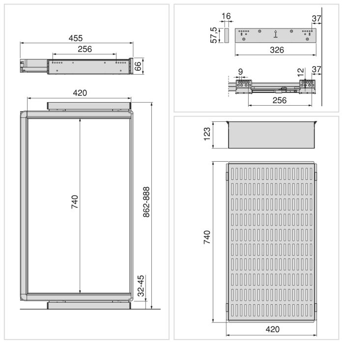 Emuca Kit de cajón metálico y bastidor regulable Quartz para armarios, guías de cierre suave y extracción total, Módulo 90cm, Acabado Titanio 11