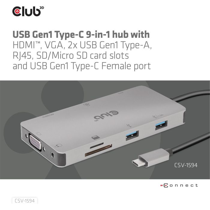 Club3D CAC-1589 USB-C 9in1-HUB HDMI/VGA/2xUSB/USB-C/RJ45/SD PD100W
