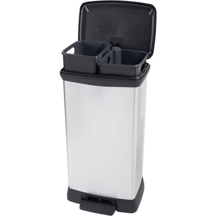 Papelera Duo Rectángulo - DECO BIN - CURVER - 46L (23+23L) - Doble compartimento - 39 x 29 x 72 cm - Gris metalizado Papelera Duo Rectángulo - DECO BIN - CURVER - 46L (23+23L) - Doble compartimento - 39 x 29 x 72 cm - Gris metalizado