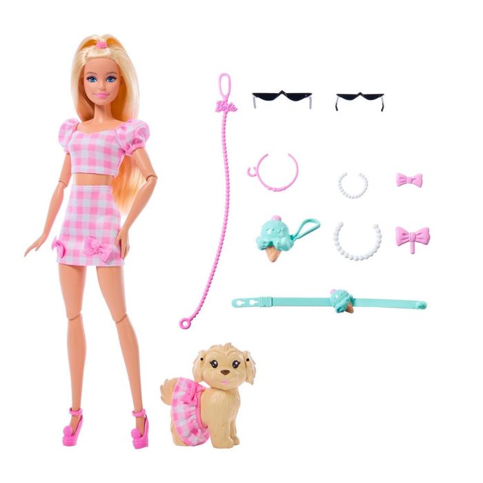 Barbie JFP36 Twinning Looks Muñeca Rubia con Perro y Conjunto Vichy Rosa 1