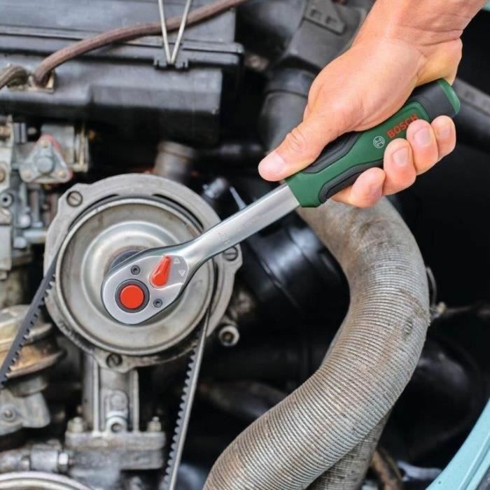 Bosch 4053423254150 Juego de trinquete de 57 piezas 1/4 + 1/2 para diversos proyectos de bricolaje con 55 accesorios de alto torque y estuche de transporte con agarre suave 10